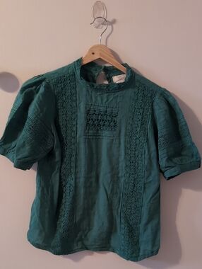 Green Lace Panel Puff Sleeve Blouse